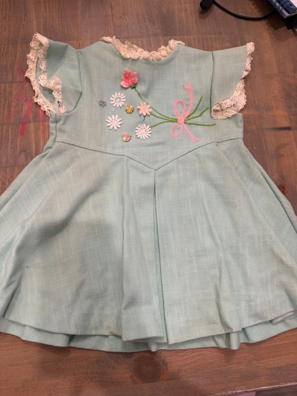 Vintage Nannette Light Aqua Dress with Floral Embroidery and Lace Trim